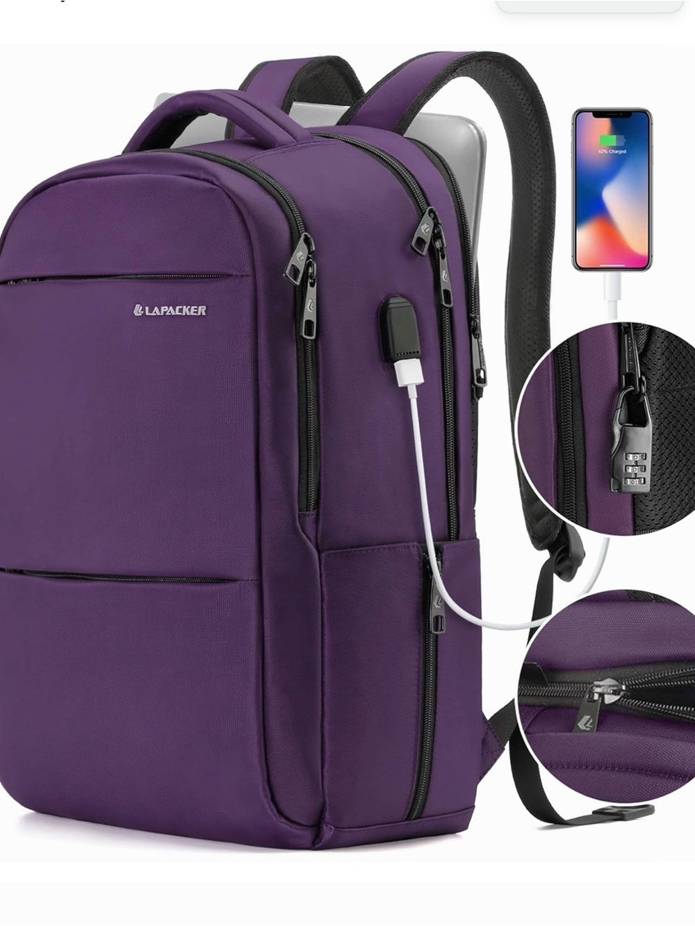 Purple   Backpack with USB Charging Port